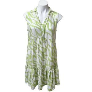 Rachel Zoe sleeveless summer dress green white collar tiered neck small